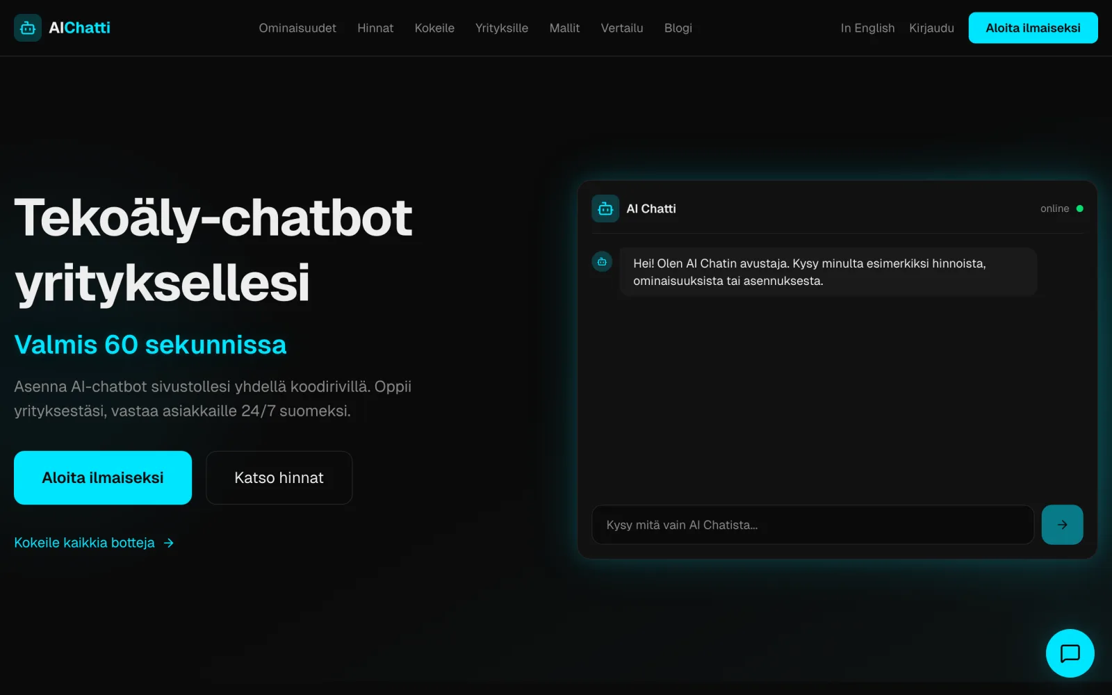 AI Chatin etusivu ja chat-ikkuna tietokoneella